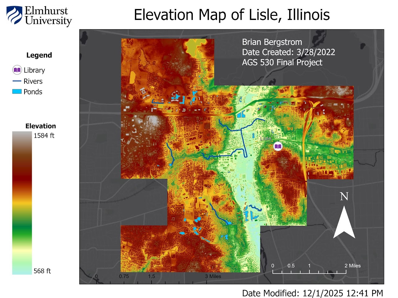 2D elevation classification map of Lisle, Illinois, made for an AGS 530 course assignment in 2022, showing raster elevation from 568 to 1584 feet with rivers and ponds layered on top.